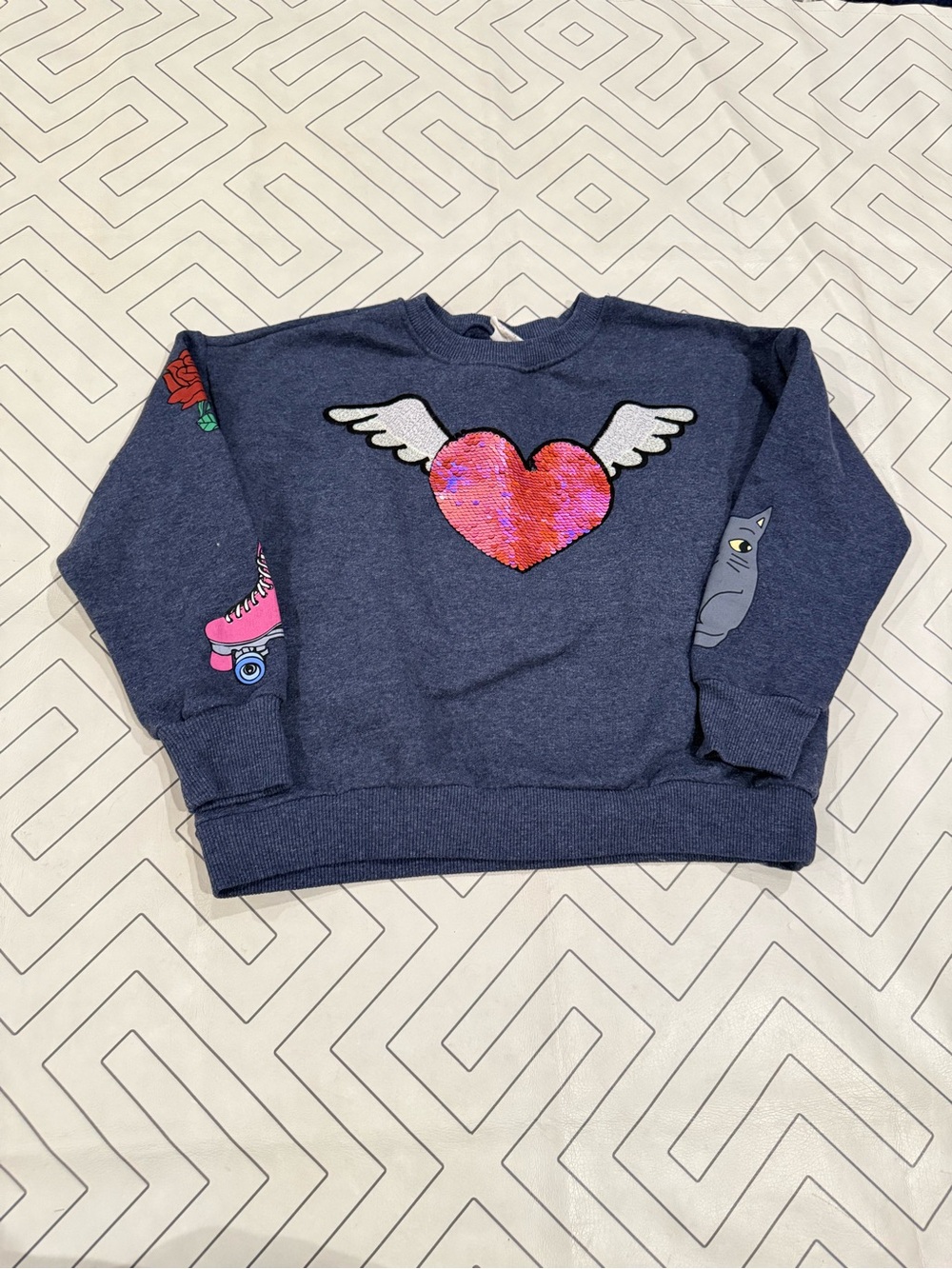 Zara Navy Sweatshirt with Sequin Heart and Wings